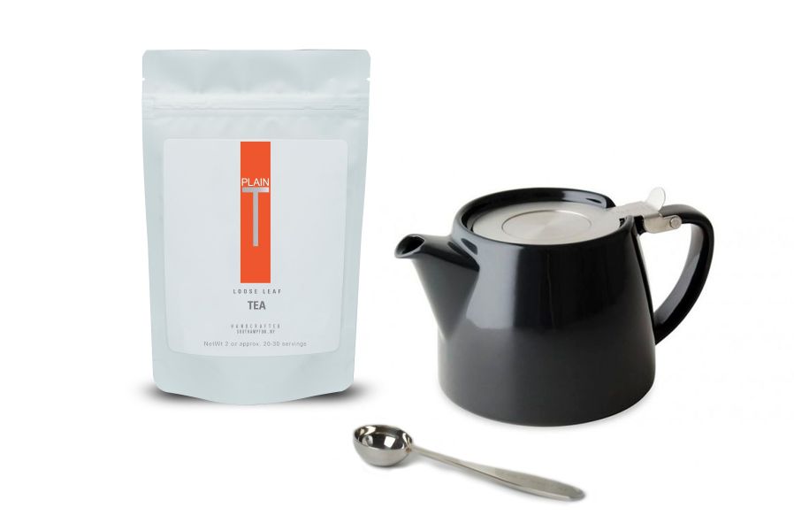 Teapot, tea spoon & one bag of loose-leaf tea
